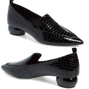 Jeffrey Campbell Viona Black Patent Leather Croc Embossed Pointed Toe Loafer